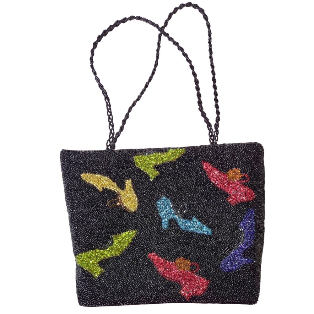 Inge Christopher Beaded Evening Bag Women Small Black NWOT Colorful Shoe Motif